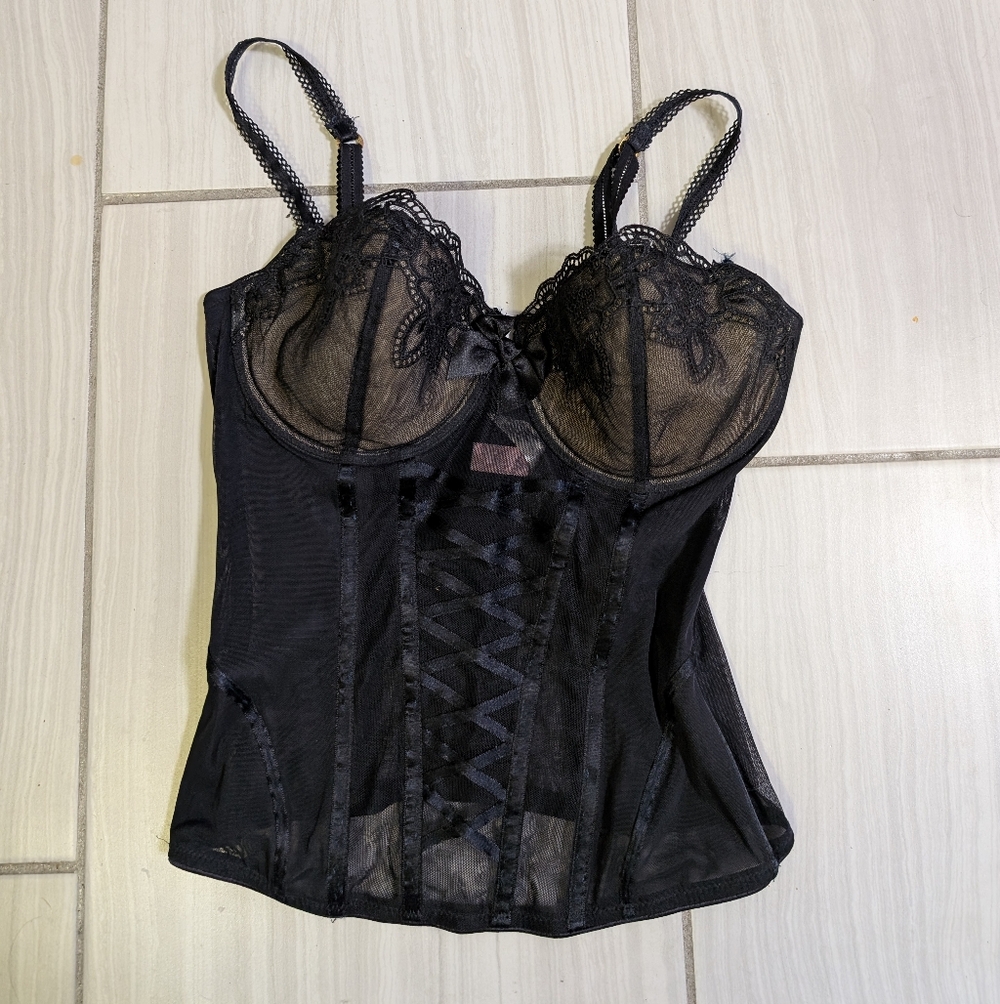 Victoria's Secret 36C Mesh Lace Corset Black Sheer Very Sexy Goth Bow Top Bra